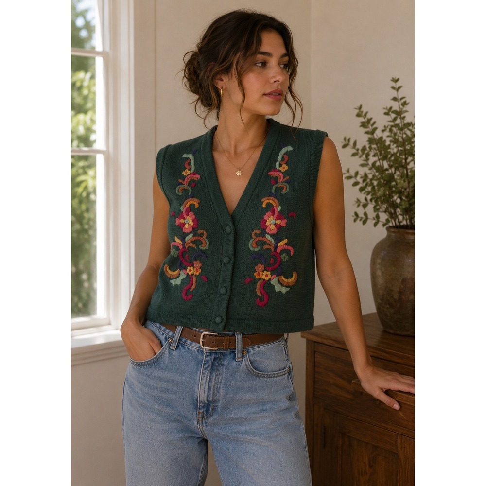 Koret Petites Green Floral Embroidered Wool Blend Sweater Vest Large vintage